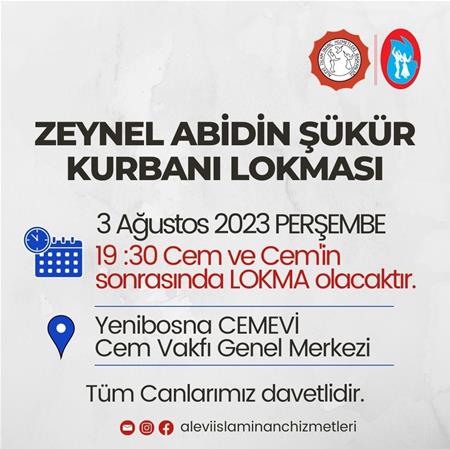 İMAM ZEYNEL ABİDİN ŞÜKÜR KURBANI LOKMASI